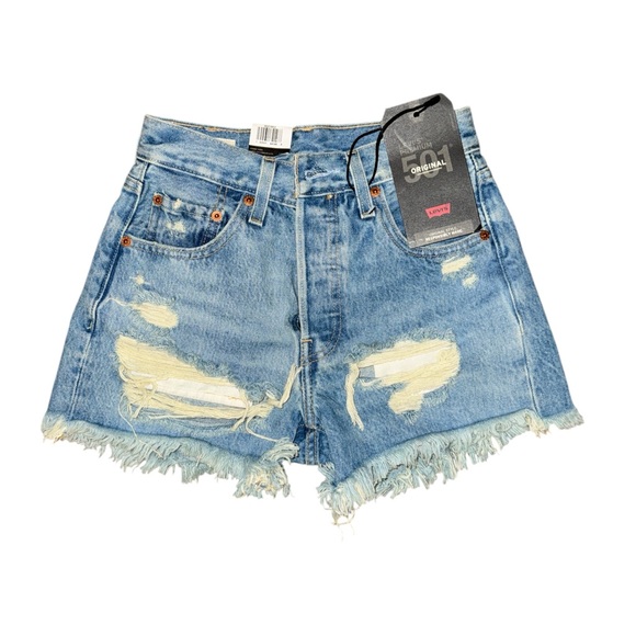 LEVIS ORIGINAL 501 JEAN SHORTS HIGH RISE BUTTON FLY 100% cotton DESTROYED DENIM - Picture 1 of 14
